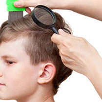 child with short hair being checked for head lice with a comb out and magnified glass 